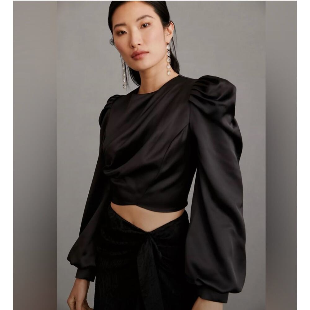 Anthropologie Mare Mare Satin Puff Shoulder Crop Top Black Understated Neutral